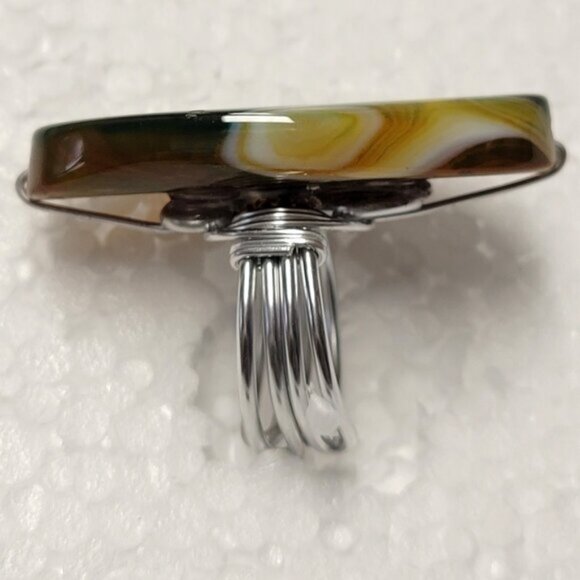 Yellow and Green Agate Ring Adjustable Band Handmade Semi Precious Ring - Picture 8 of 10